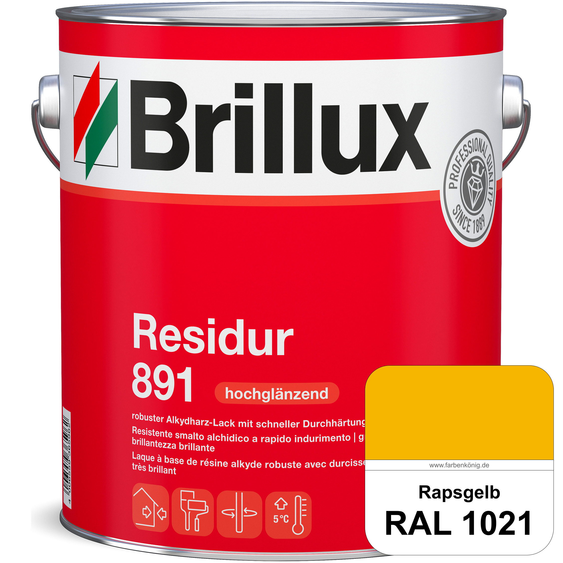 High-Solid Lackfarbe, RAL 1021 Rapsgelb hochglänzend, 5 Liter, strapazierfähig High-Solid Lackfarbe, RAL 1021 Rapsgelb hochglänzend, 5 Liter, strapazierfähig